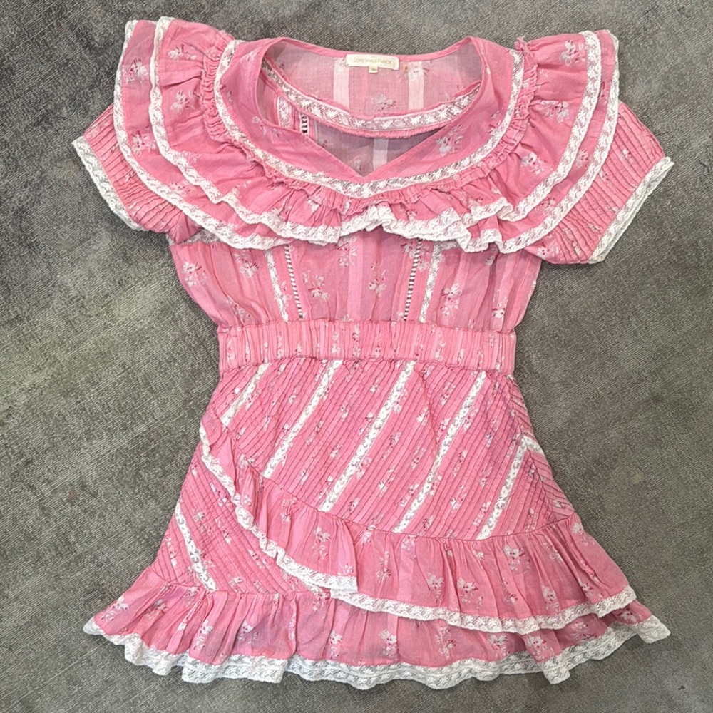 LoveShackFancy Natalia Mini Dress – Pink Floral Lace Ruffle – Size M